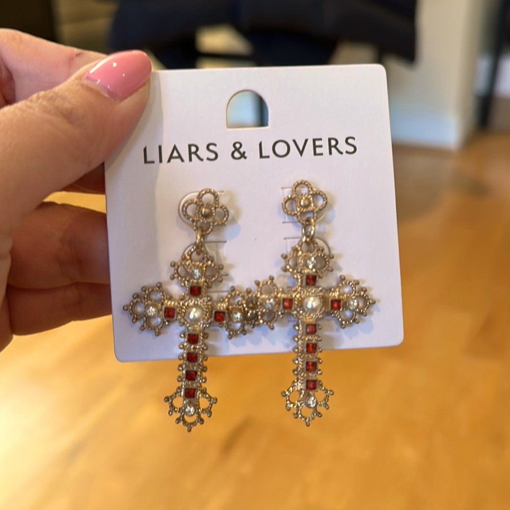 Liars & Lovers gold ornate cross earrings
